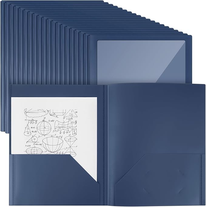 Teling 48 Pcs Plastic Folders with Clear Front Pockets and Card Holder, 2 Pocket Letter Size Folders for School Office Document Presentations Reports Classroom Organization Supplies (Dark Blue) by Teling