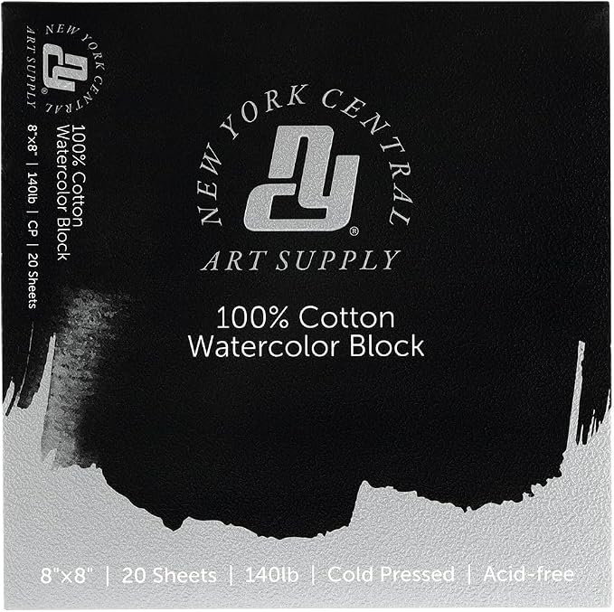 New York Central Watercolor Block, 140lb/300gsm Cold Press 8x8, 20 Sheets, Archival Watercolor Paper for Artists, Students, Gelatin Sized, Durable Water Color Paper, Suitable for Wet and Dry Media by NewYorkCentral