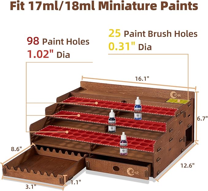 Wooden Paint Organizer 98 Holes Rack for Miniature Paints & Brushes | Fits 17/18ml Miniature Paint Set with 1.02" Dia Holes for Popular Hobby Paint Storage, 1 Drawer, 25 Brush Holes & 24 Slots - Image 3