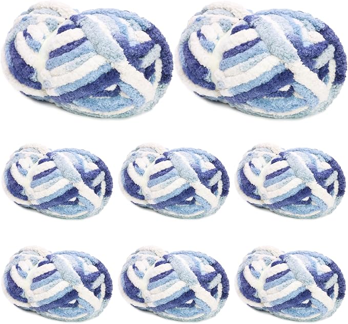 8 Pack Giant Chunky Yarn for Crocheting/Hand Knitting, Extra Thick Blanket Yarn, Colorful Fluffy Plush Fuzzy Chenille Yarn-1 Pack of 8oz-(Blue,Light Blue,White) by JOYMAY