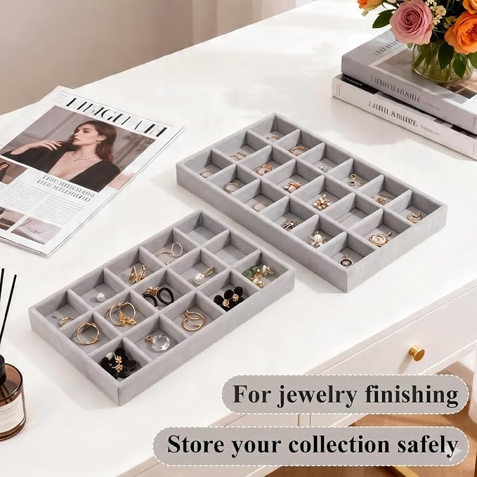 24 Pack Velvet Jewelry Trays Stackable Jewelry Organizer Trays Drawer Inserts Divided Storage Containers for Rings Earrings Jewelry Display (Gray) - Image 4