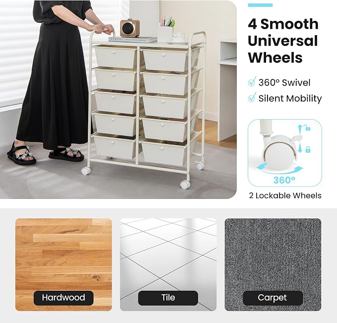 Giantex 10 Drawers Rolling Cart, Classroom Organizers, Storage Cart with Wheels, for Teacher Office Home School Supplies Tool Craft Art Paper, Ivory Color - Image 7