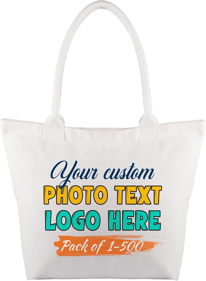 Custom Canvas Tote Bags Bulk with Logo 1 | 6 | 10 | 30 | 50 | 100 Pack Personalized Reusable Grocery Shopping Bags by HooAmI