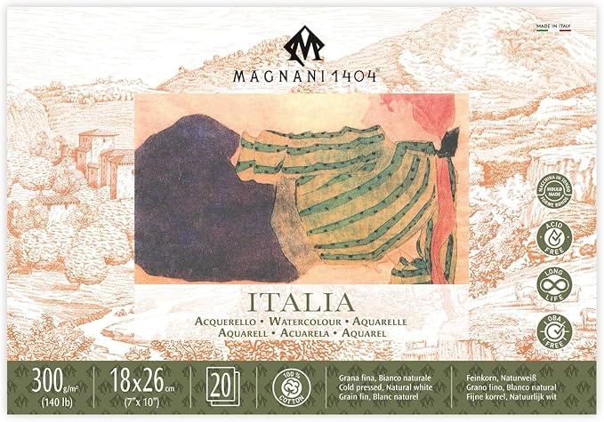 Magnani Watercolour Paper Pad, Fine Grain, 300 g/m, 100% Cotton, Round Screen Paper (18 x 26 cm) by Magnani1404