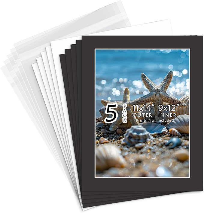 Golden State Art 5 Pack Black Mat 11x14 for 9x12 Photo Matte+Backings+Bags | Acid-Free,4-Ply Thick,Pre-Cut Kit Mattes,White Core,Bevel Cut,For Photos, Pictures,Artwork, Poster or Print Display by GoldenStateArt