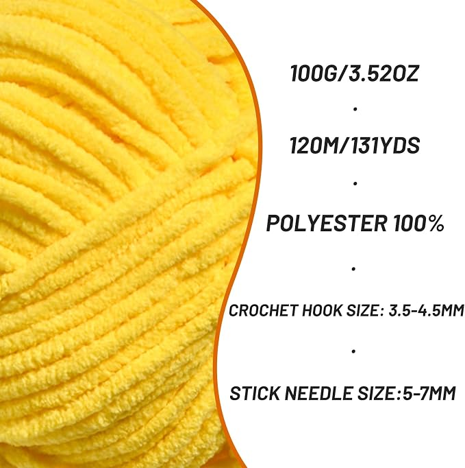 3 Packs Plush Chenille Chunky Crochet Yarn - Baby Yarn for Crocheting Soft - Velvet Yarns Knitting for Blankets Crafts - Fluffy Amigurumi Yarns 300g / 393yd (3 Yellow) - Image 2