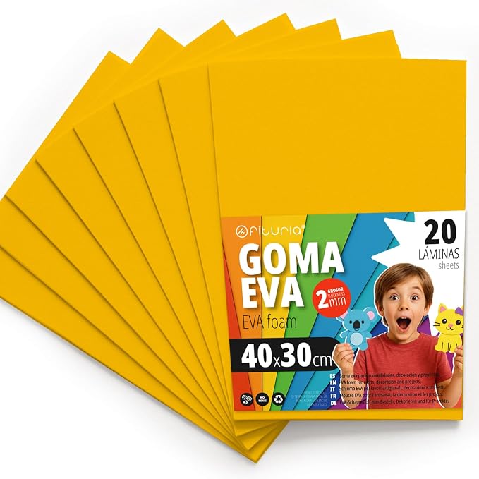 OFITURIA Foam Rubber for Crafts and School Projects, Coloured Foam Ideal for DIY, Decoration, Scrapbooking and Creative Projects, 40 x 30 cm (Yellow, Pack of 20) by OFITURIA