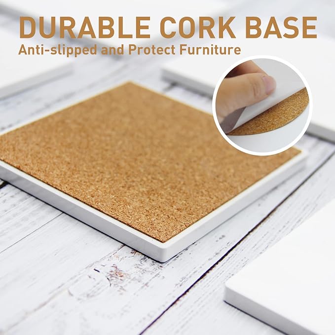 48 Pack Sublimation Blanks Coasters Bulk, 4 Inch Glossy White Glazed Ceramic Tiles Bulk with Cork Backing Pads, Heat Transfer Cup Mat for DIY Crafts Home Kitchen Decor (Square 48PCS) | Glazed Ceramic Tiles Bulk, Cork Backing Pads, Heat Transfer Cup Mat... - Image 6
