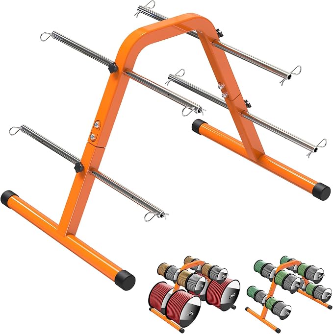 SELEWARE Portable Wire Spool Caddy – Heavy-Duty Steel Cable Dispenser with 4 Adjustable Rods for Effortless Spool Storage & Dispensing (Orange) by SELEWARE