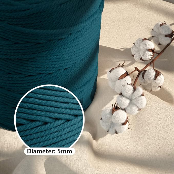 ZUEXT Macrame Cord, Peacock Blue, 5mm x 328yds Cotton String Macrame Yarn | Natural Handmade, 4 Strands Twisted Cotton Rope, for Craft Wall Hanging Weaving Tapestry Dream Catchers Hanger DIY Gift, 300m - Image 3