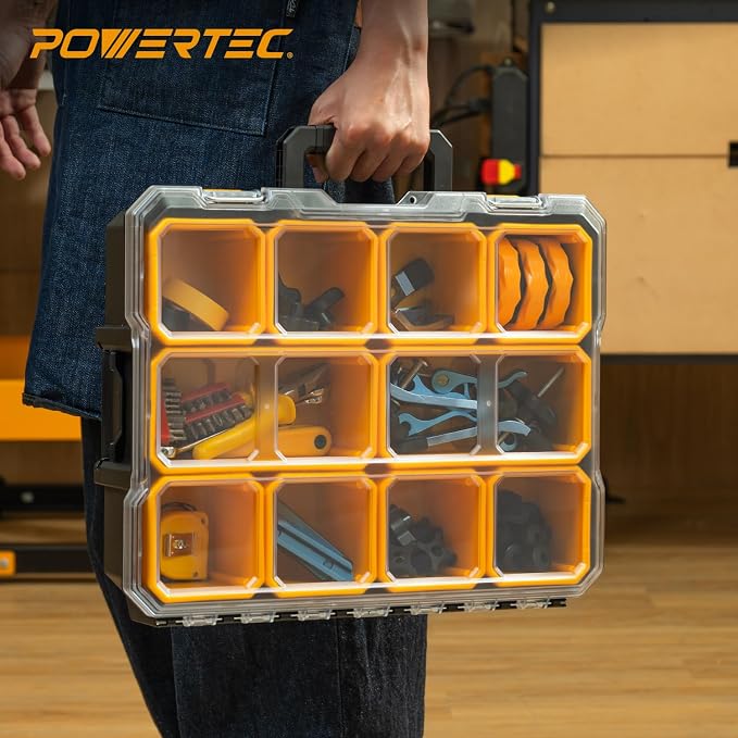 POWERTEC Small Parts Organizer & Tool Box – 10 Compartments, IP65 Water & Dust Protection, Stackable Storage with Interlocking Latch, Removable Tray, Clear Lid, Portable Design, 2-Pack (72365-P2) - Image 8