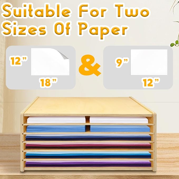 Construction Paper Organizer 20" x 13", 6-Tier Paper Storage Rack,Wooden Papers Storage Shelf for 12" x 18" and 9" x 12" Size Papers,Desk Organizer for Home Office - Image 4