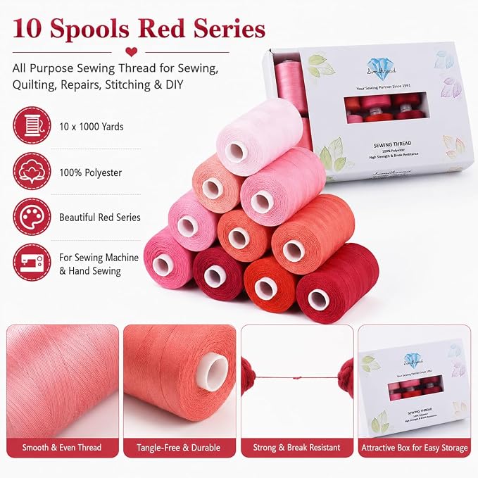 Simthread All Purpose Sewing Thread, 10 Spool Assorted Red Series 1000 Yards Each Bobbin Polyester Thread for Sewing, Handy Polyester Sewing Threads for Sewing Machine - (Red Series) - Image 2