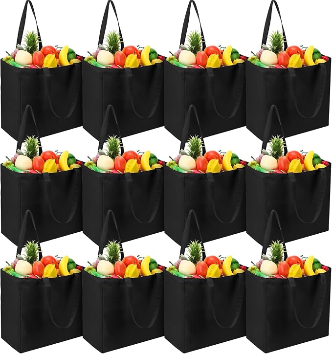 Reginary 12 Pack Canvas Grocery Bag Large Shopping Tote Bag,Black by Reginary