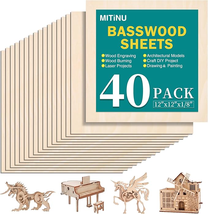 40 Pack Basswood Sheets for Crafts,12"x12"x1/8" 3mm Thick Plywood Sheets with Smooth Surfaces-Unfinished Squares Wood Boards for Laser Cutting, Wood Burning, Architectural Models, Staining by MITINU
