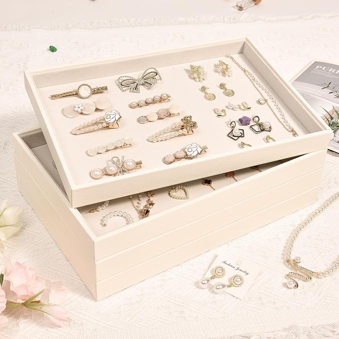 Beige Velvet Jewelry Trays for Drawers Black Jewelrys Display Tray Stackable Jewelry Organizer Trays for Necklace Bracelet Ring Watch (4 Pack) - Image 7