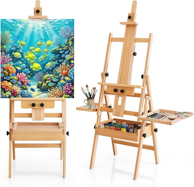 Multi-Function Beech Wood Art Easel for Painting, Flat Desk Easel Stand | Foldable & Adjustable Paint Easel Standing, H-frame Wooden Painting Easel Stand with Storage Box for Adults Artist Studio by Nsovkne