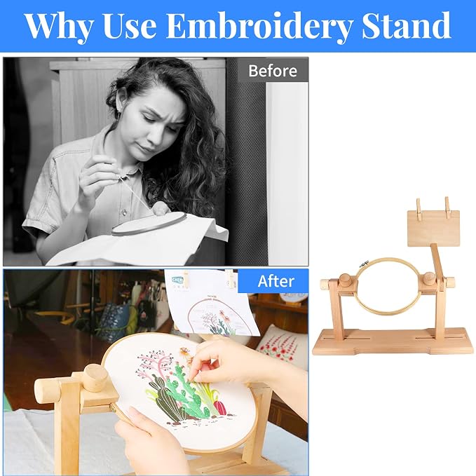 SolidGnik Embroidery Stand, Adjustable Embroidery Hoop Holder, Cross Stitch Stand with Embroidery Kit and 3PCS Embroidery Hoops - Image 2