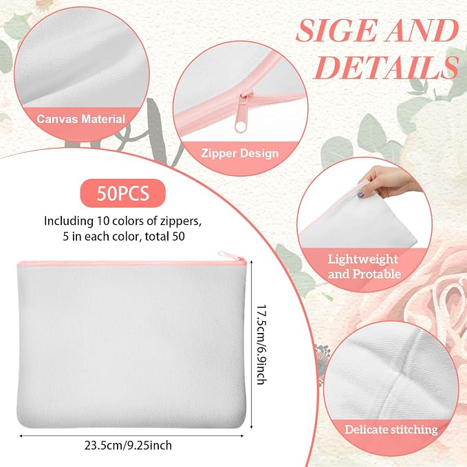 Frienda 50 Pcs Sublimation Blank Canvas Makeup Bags Bulk DIY Heat Transfer Canvas Pen Case Pencil Cosmetic Makeup Bags Clear Sublimation Blank Pouch with Zipper (9 x 6.89 Inch,Mixed Colors) - Image 2