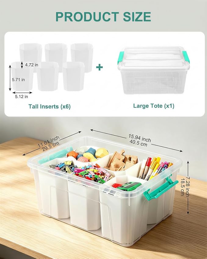 NUMIFUN 17QT Clear Storage Bins with Lids & Dividers for Crafts | Stackable 17-quart transparent box featuring 6 tall removable inserts. Perfect for organizing crafts, tools, toys & crayons - Image 2