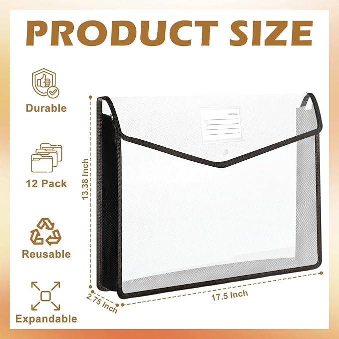 12 PCS 11 x 17 Inch Expandable Tabloid Size Document Folder with Label A3 Plastic Folders for Documents Black Expanding File Wallet Envelope Size Waterproof Clear Plastic File Pouch for Office - Image 2
