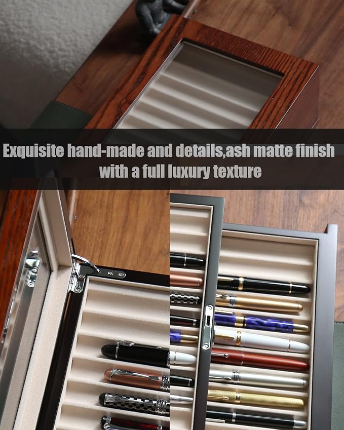 wood pen display case 36 slot Fountain pen Box storage Organizer with drawer, Top Glass Window Pen Collection Display Case - Image 5