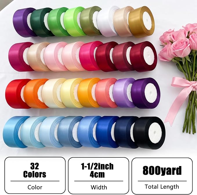 800 Yards Ribbon,1-1/2 Inch Satin Ribbon (32 Colors) | Single Face Satin Ribbons, Perfect for Gift Wrapping, Wedding Decoration,Handmade Bows,Wrapping Bouquet and More - Image 2
