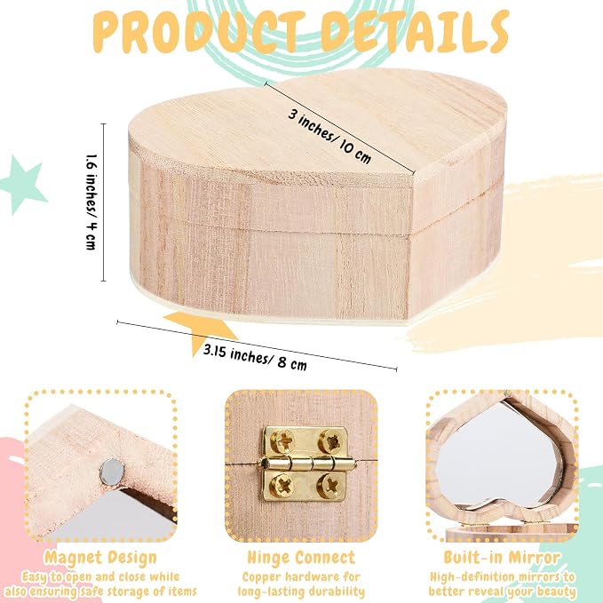 Kigley 24 Set Unfinished Wooden Box Heart Crafts Treasure Box with Mirror Rhinestones Stickers for DIY Jewelry Keepsake Storage Art Crafts Paint Summer Party Favor Suitable for 15+ Adult - Image 3