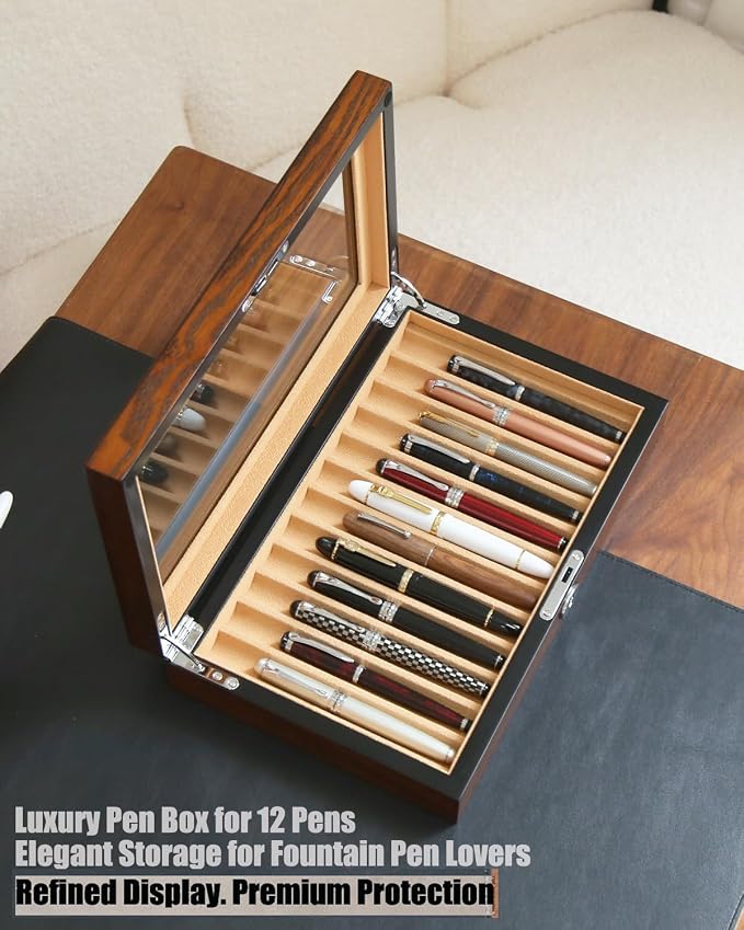 12-Slot Fountain Pen Collector Case – Lockable Wooden Organizer with Glass Display Top, Premium Storage Box for Writing Instruments and Gift for Men - Image 2