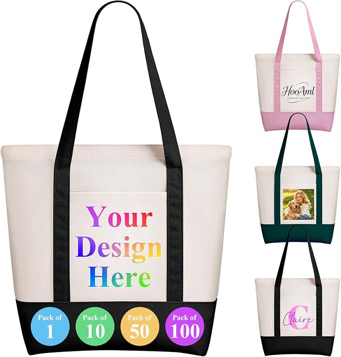 Custom Canvas Tote Bags Bulk with Logo 1 | 6 | 10 | 30 | 50 | 100 Pack Personalized Reusable Grocery Shopping Bags by HooAmI