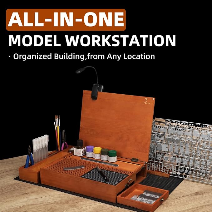 Model Building Station, Portable Hobby Workbench with Tool Storage | Solid wood hobby station with dust collection, cutting mat, tool holders for model, miniatures & scale model assembly - Image 2