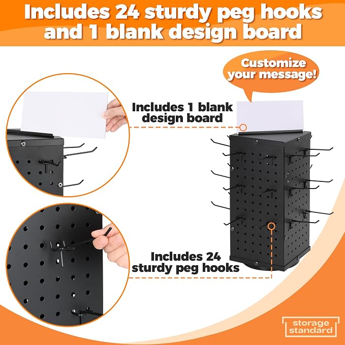 Rotating Pegboard Display Stand With 24 Hooks - Metal Spinning Peg Board Displays, Stands for Retail, Vendors, Selling & Shows - 4-Sided Craft Rack Organizer for Products, Accessories, Jewelry - Image 2