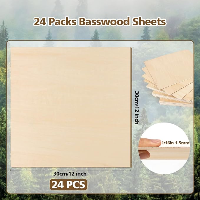 Adrattnay 24Pcs Basswood Sheets 1/16 x 12 x 12 inch - 1.5mm Basswood Sheets | Square Plywood Sheets Unfinished Wood Board for DIY Crafts, Laser Cutting, Wood Burning, Painting, Model Carving - Image 2
