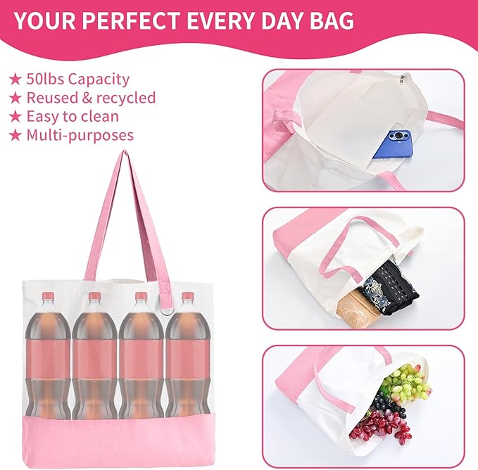 1 Pack Canvas Tote Bag with Zipper, Large Reusable Grocery Tote, Pink | Blank bag, washable, inner pocket, flat bottom, sturdy handle, for sublimation DIY/transfer, travel/beach/Christmas crafts - Image 3