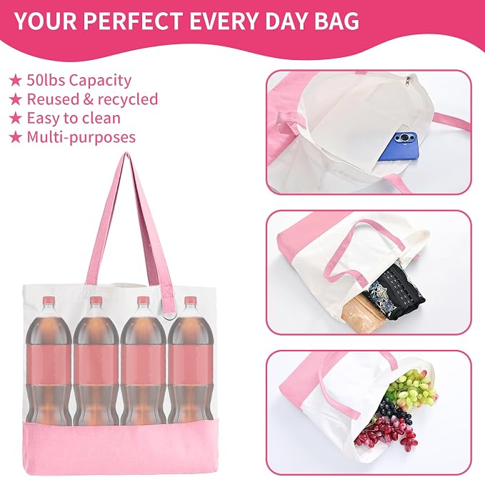 1 Pack Canvas Tote Bag with Zipper, Large Reusable Grocery Tote, Pink | Blank bag, washable, inner pocket, flat bottom, sturdy handle, for sublimation DIY/transfer, travel/beach/Christmas crafts - Image 3