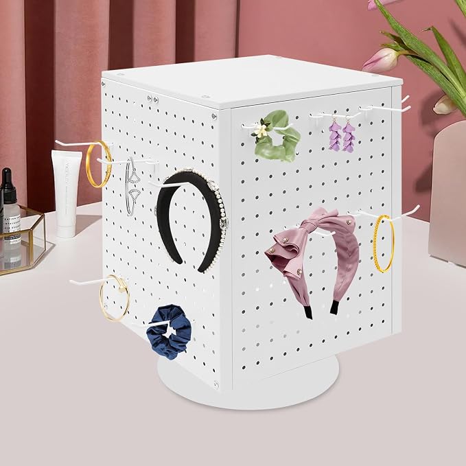Pegboard Rotating Display Stand with 20 Hooks, 4 Sided Metal Spinning Peg Board Displays, Jewelry Earring Stands, Craft Keychain Rack, Necklace Holder for Retail Table Counter (White) - Image 4
