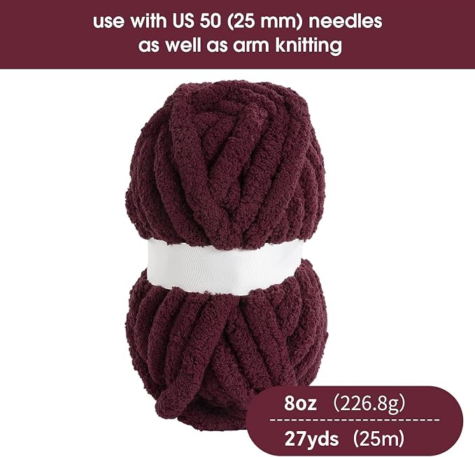 Hombys Wine Red Chunky Chenille Yarn for Crocheting & Knitting, Super Bulky Thick Fluffy Yarn for Hand Knitting Blanket, Soft Plush Yarn, 8 Jumbo Packs (27 yds, 8 oz Each Skein) - Image 2