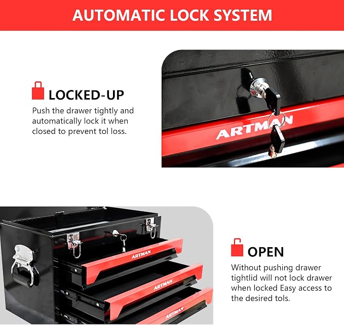 20" 3-Drawer Heavy Duty Portable Steel Tool Box, Lockable Tool Chest Organizer with Top Tray, Ball Bearing Slides, Drawer Liners, Carry Handle & Key Lock for Garage, Warehouse, Workshop - Image 6