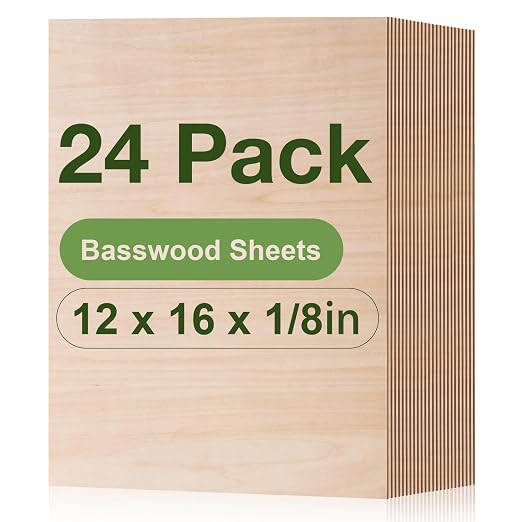 24 Pack Basswood Plywood, 12 x 16 x 1/8 Inch Unfinished Balsa Wood for Laser Cutting and Engraving, Thin Wood Sheets Blanks for DIY Project by Wowood
