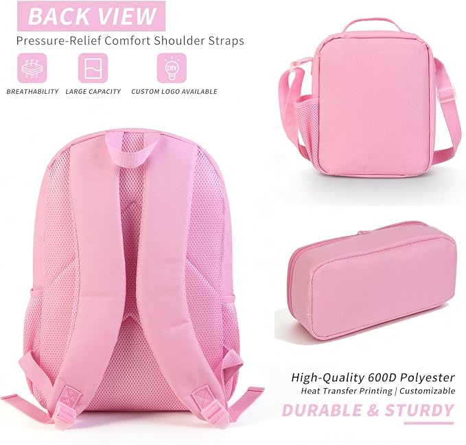 4Sets 16inch Sublimation Blank Backpack Lunch Bag Pencil Case Set for Children DIY Bookbag Cooler Bag Pencil Bag(pink) - Image 4