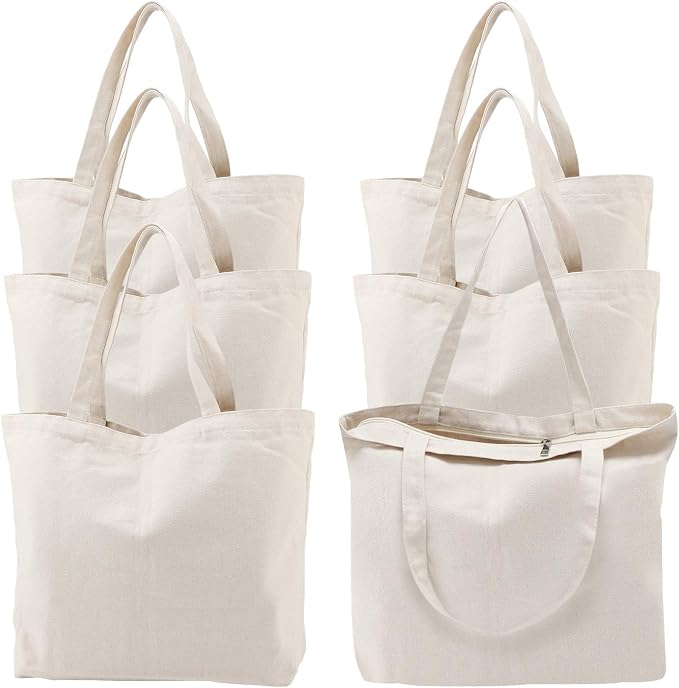Segarty 6 Packs Canvas Tote Bag with Zipper, 16x13 inch Reusable Washable Grocery Shopping Bags with Handle Plain Canvas Totes for Women Teacher DIY Art Crafts Painting Embroidery Decoration by Segarty