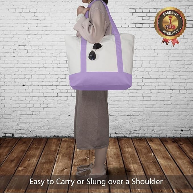 TOPDesign 6-Pack Canvas Tote Bags with an External Pocket, Reusable Grocery Shopping Bags, Top Zipper Closure, Daily Essentials (Lavender/Natural) - Image 2