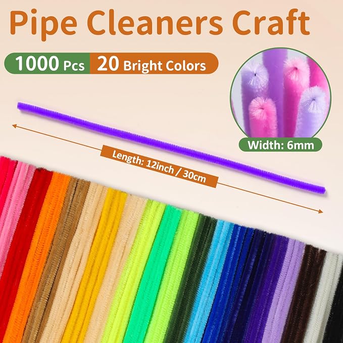 POIKSHARK 1000 PCS 20 Colors Quality Pipe Cleaners Bulk, Thick Pipe Cleaners Craft for DIY Craft Projects, Multicolored Limpia Pipas for Art Supplies & Materials, Rainbow Chenille Stems(12inch*6mm) - Image 2