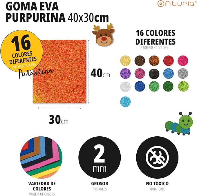 OFITURIA Glitter Foam Rubber for Crafts, Colourful Foam with Glitter for DIY, Creative Projects, Arts and School, 40 x 30 cm (White, Pack of 40) - Image 2