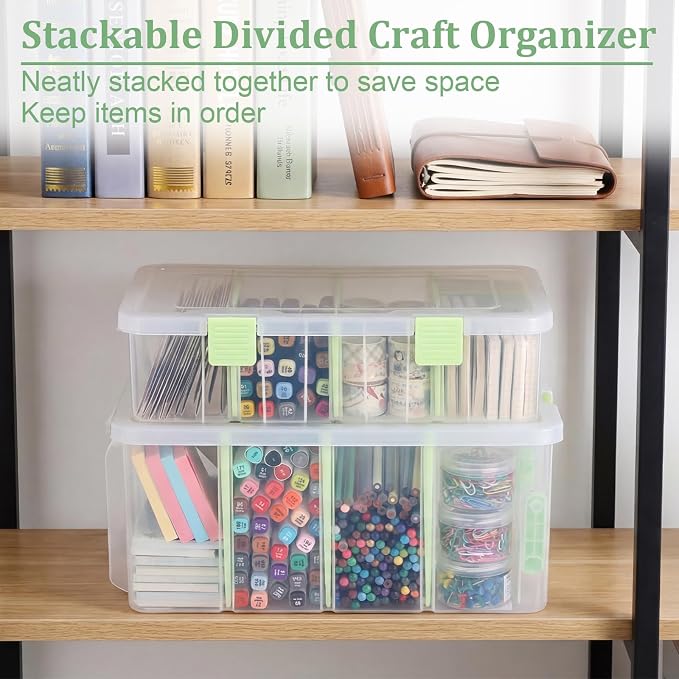 BTSKY Clear Plastic Dividing Storage Box with 4 Deep Compartment Sewing Box | 13.9x7.9x6.2 Inches Adjustable Storage Bin with Lid Portable Craft Container Multipurpose Art Supply Organizer Green - Image 8