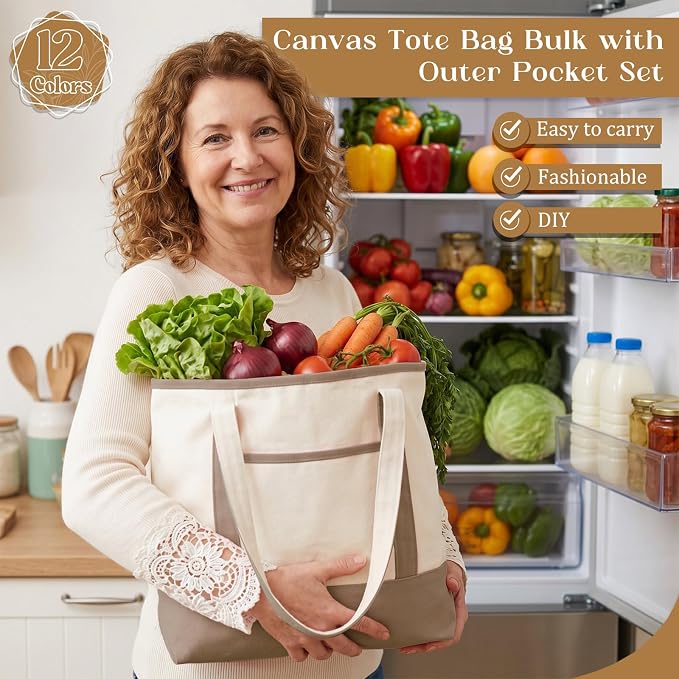Sanwuta 24 Pcs Canvas Tote Bags Bulk with Outer Pocket and Makeup Pouch 18'' Reusable Grocery Bags with Handles for Women Beach DIY (Boho) - Image 2