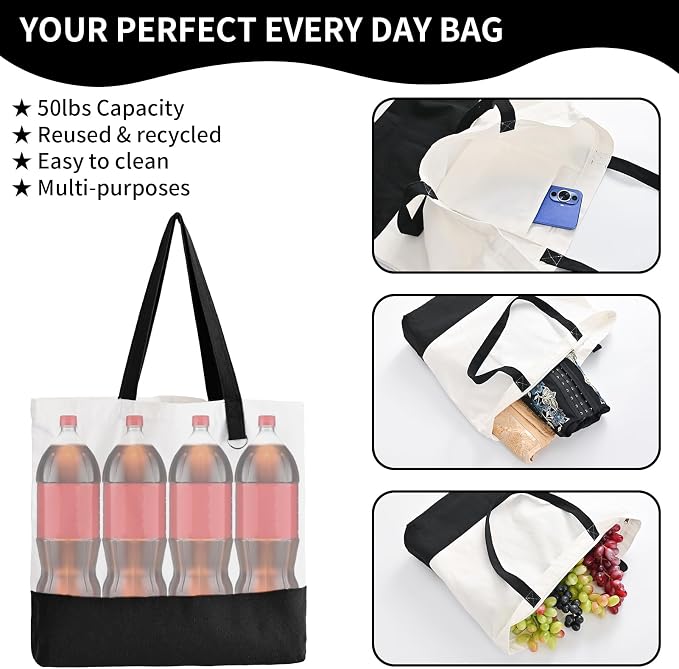 12-Pack Canvas Tote Bags with Zipper, Large Reusable Grocery Tote Bluk | Blank bags, washable, inner pocket, flat bottom, sturdy handle, for sublimation DIY/transfer, travel/beach/Christmas crafts - Image 4