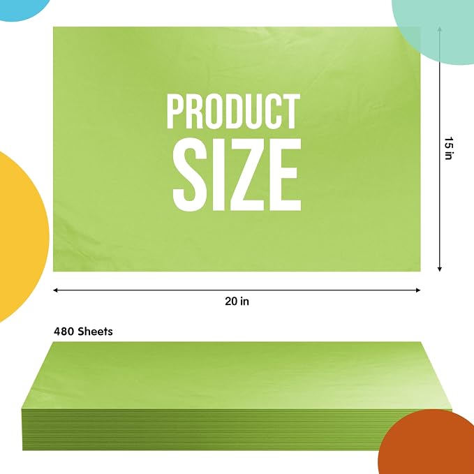 Party Solids Lime Green Tissue Paper for Gift Bags - 15" X 20" Bulk Tissue Paper Lime Green 480 Sheets - 10lb Newsprint for Packing, Birthday Gift Box Filler, Packing Supplies for Moving Supplies - Image 2