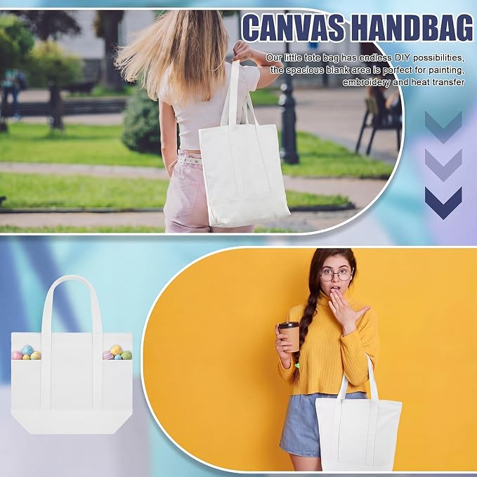 Eccliy 12 Pcs Mini Canvas Tote Bags 16" x 14" x 4" Small Tote Shopping Bag Bulk with Pocket Handle Blank Heavy Duty Reusable Canvas(White) - Image 6