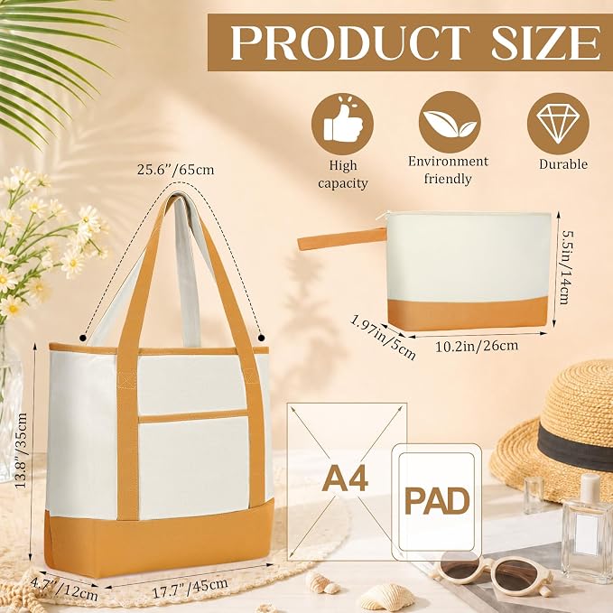 Sanwuta 24 Pcs Canvas Tote Bags Bulk with Outer Pocket and Makeup Pouch 18'' Reusable Grocery Bags with Handles for Women Beach DIY (Boho) - Image 3